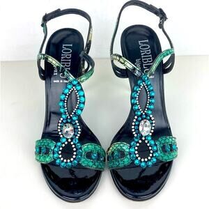 LORIBLU Jeweled Leather Sandals Heels - Made in Italy - $570.